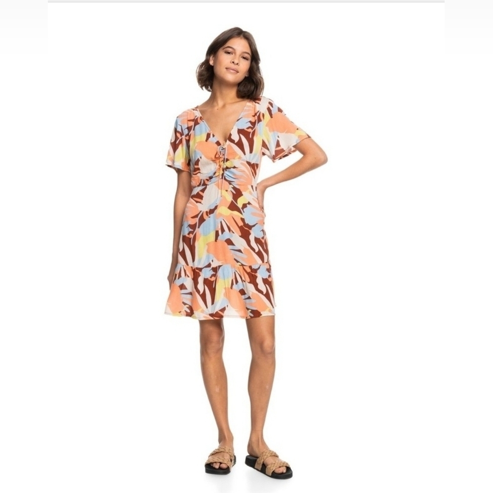 Roxy Summer Flow Drawstring Ruched Printed Mini Dress Size Small EUC